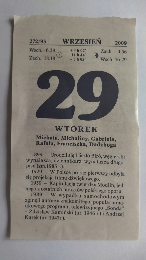 Kartka z kalendarza zdzierak 29 WRZESIEŃ 2009