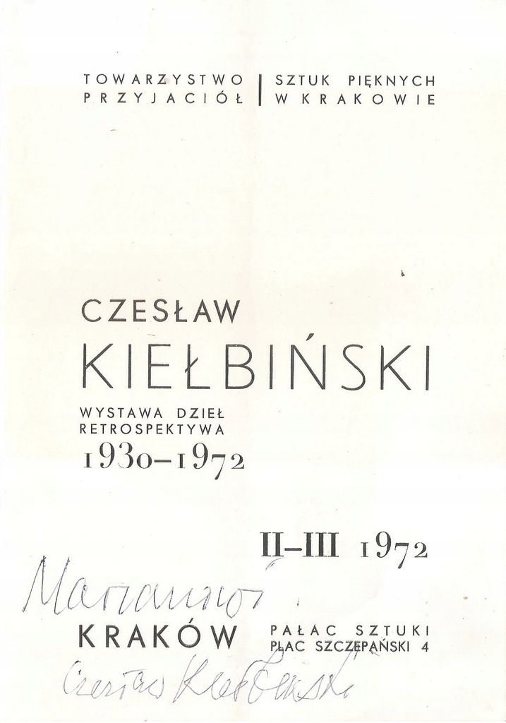 Cz. Kiełbiński, Katalog wystawy, 1972, dedykacja