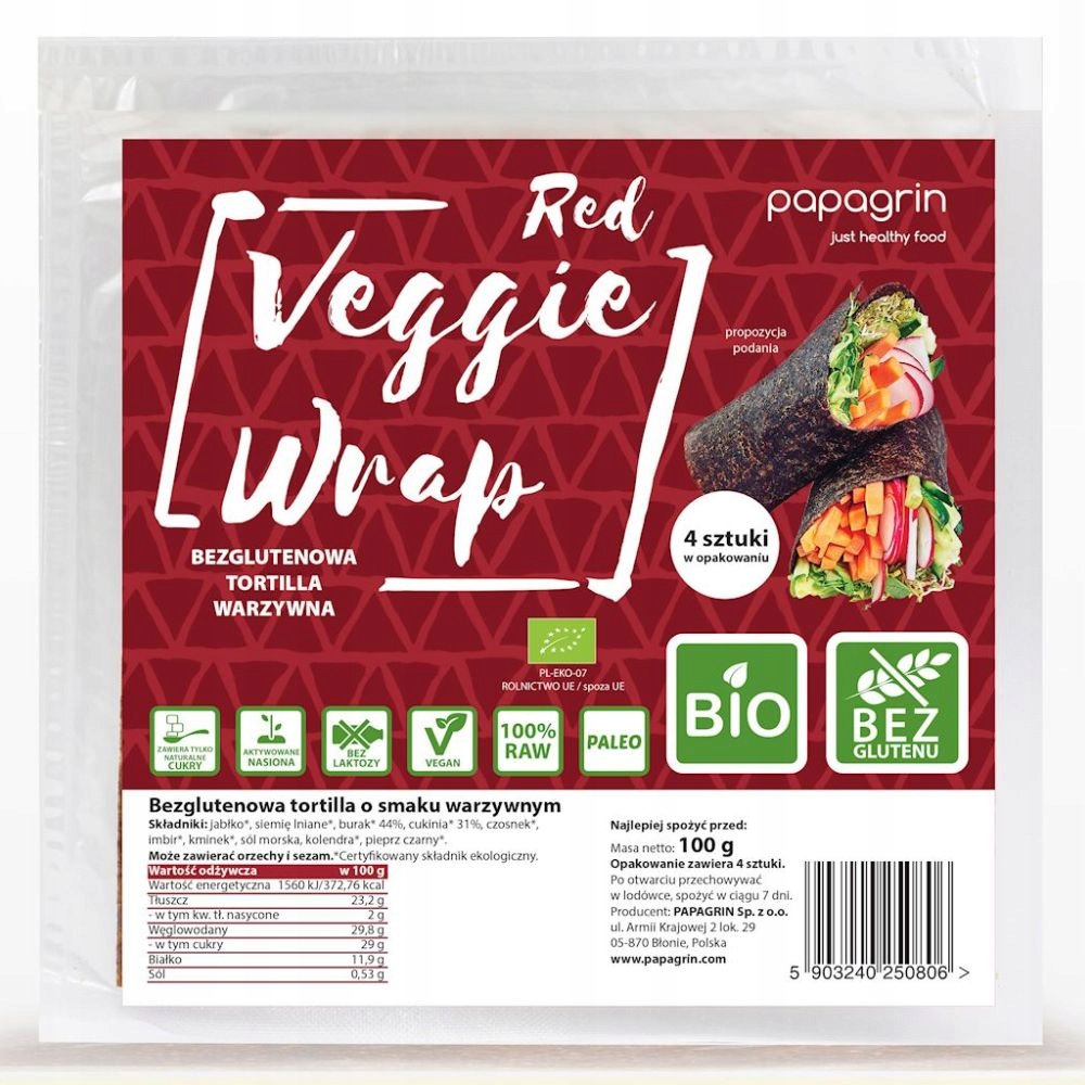 Bezglutenowa Tortilla Warzywna Bio 100g Papagrin