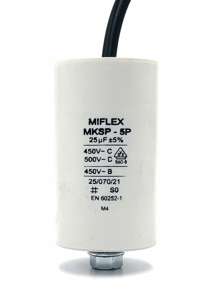 Kondensator silnikowy 25uF 450V MIFLEX przewód śru