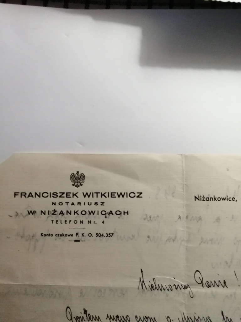 NIŻANKOWICE 1939- FRANCISZEK WITKIEWICZA - NOTARIUSZ - DOKUMENT