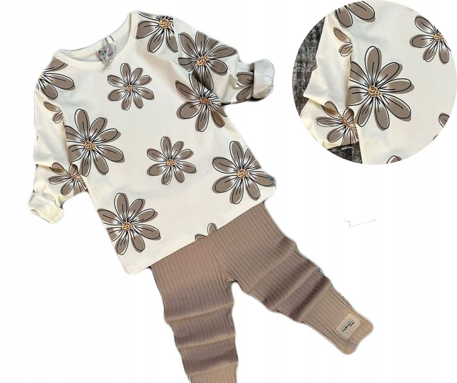 Komplet dla dziewczynki bluzka legginsy beżowe kwiaty SUPER JAKOŚĆ 3-4 lat