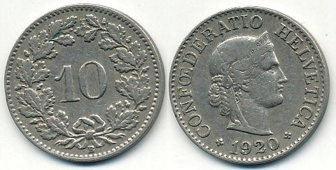 Szwajcaria 10 Rappen - 1920r ... Monety