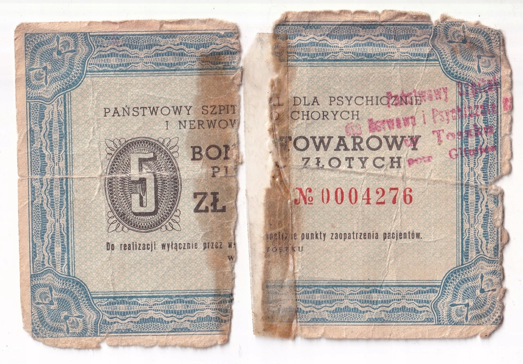 Toszek pow. Gliwice bon 5zł szpital dla psychicznie chorych