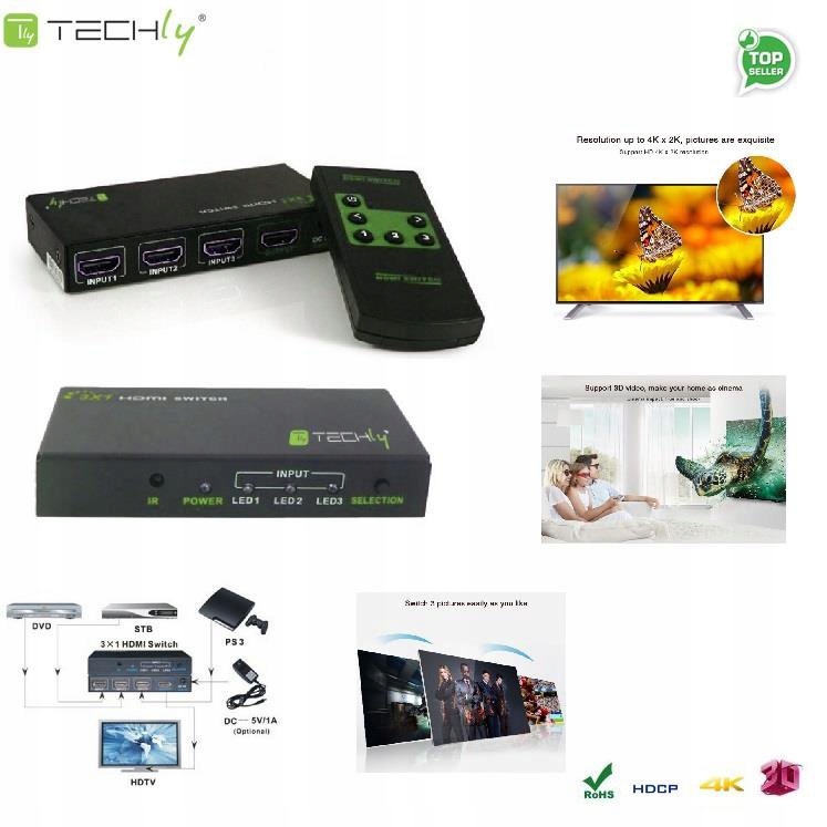 Przełącznik Techly HDMI 3/1 z pilotem, 4K2K UHD