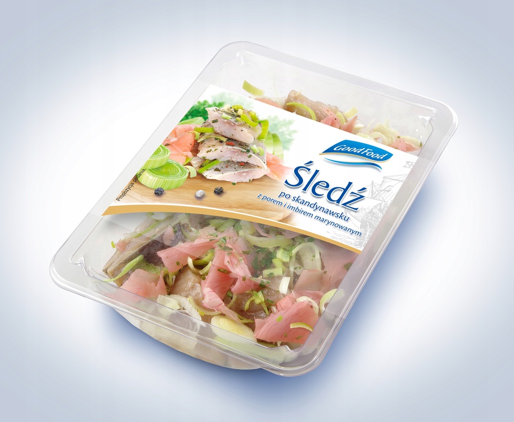 Śledź po skandynawsku z porem i imbirem marynowanym 200g Filet Śledziowy