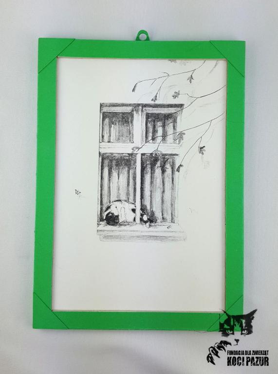 Obrazek z kotem, czarno-biały, ramka zielona