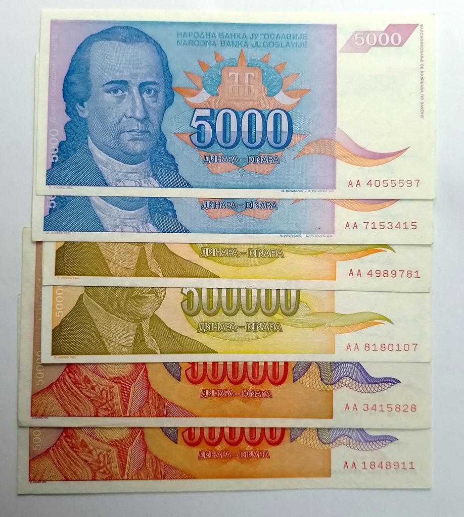 Jugosławia zestaw banknotów 6 sztuk seria AA