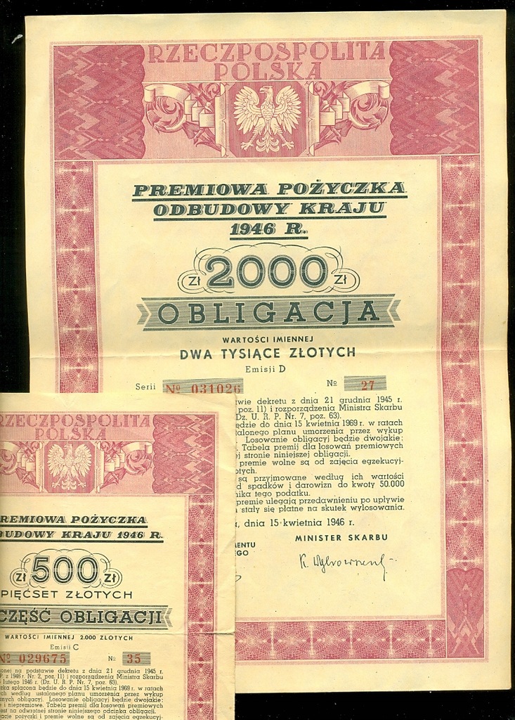 Dwie obligacje z wczesnego PRL-u, 1946 rok. Nominały 500 i 2 000 złotych.