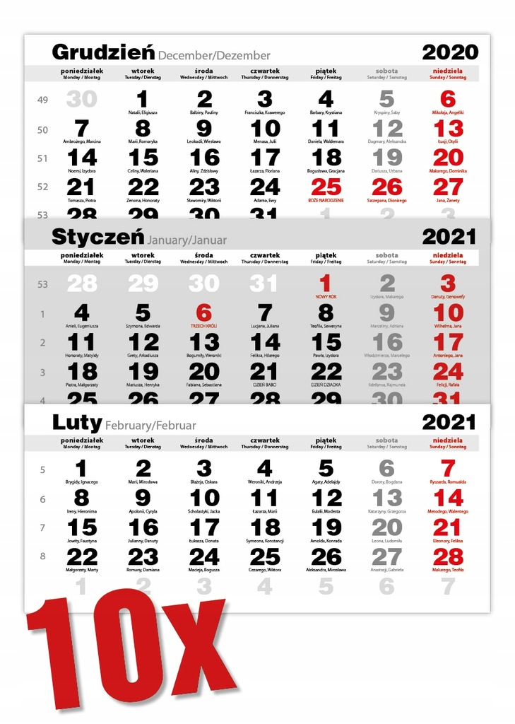 Kalendaria kalendarium 3 dziel 2021 - 10 kompletów