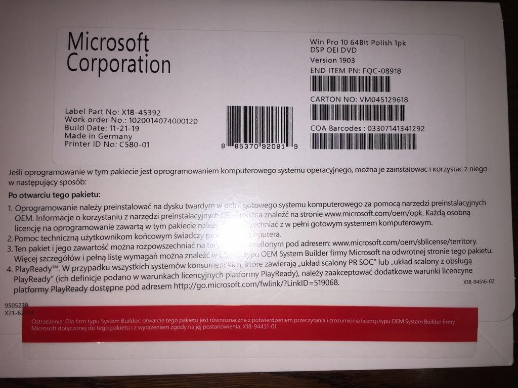 Microsoft Windows 10 Pro 64 Bit Polska DVD