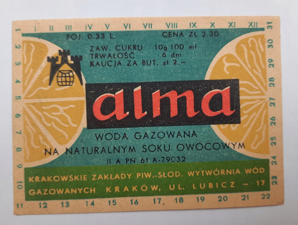 Etykieta woda gazowana alma Zakł. Kraków
