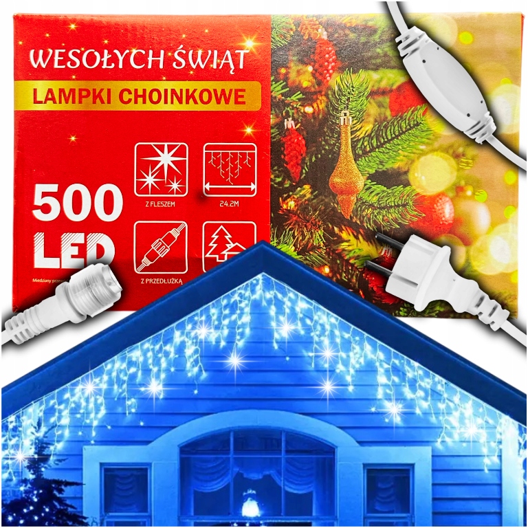 LAMPKI SOPLE 500 LED ZEWNĘTRZNE KURTYNA ŚWIĄTECZNA GRUBE NIEBIESKIE FLASH