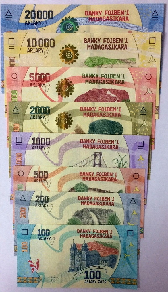 Set Madagascar 100-20000 Ariary 2017 UNC 8 Banknot