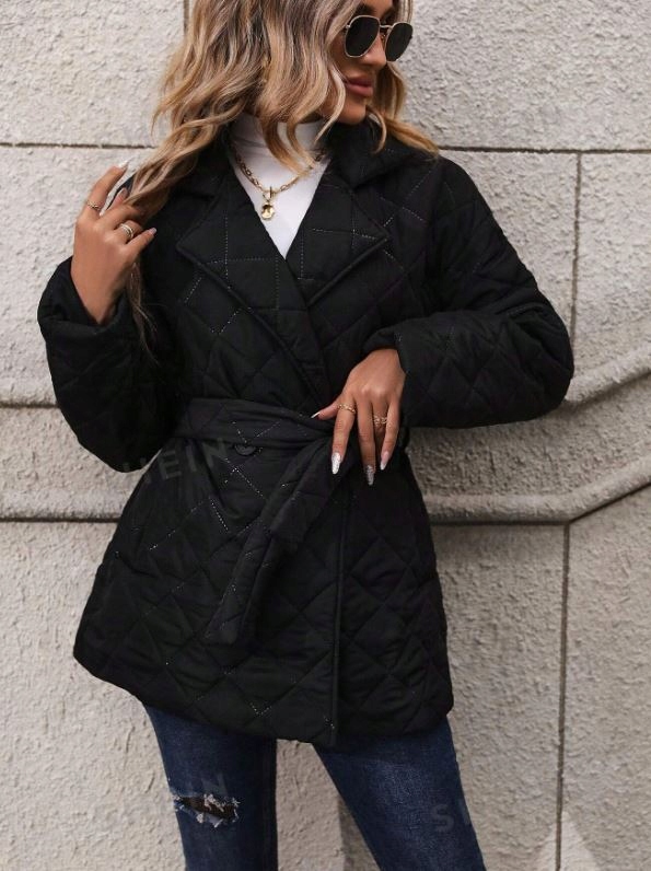 SHEIN PŁASZCZ DAMSKI CZARNY PIKOWANY DŁUGI DO UDA XL 469
