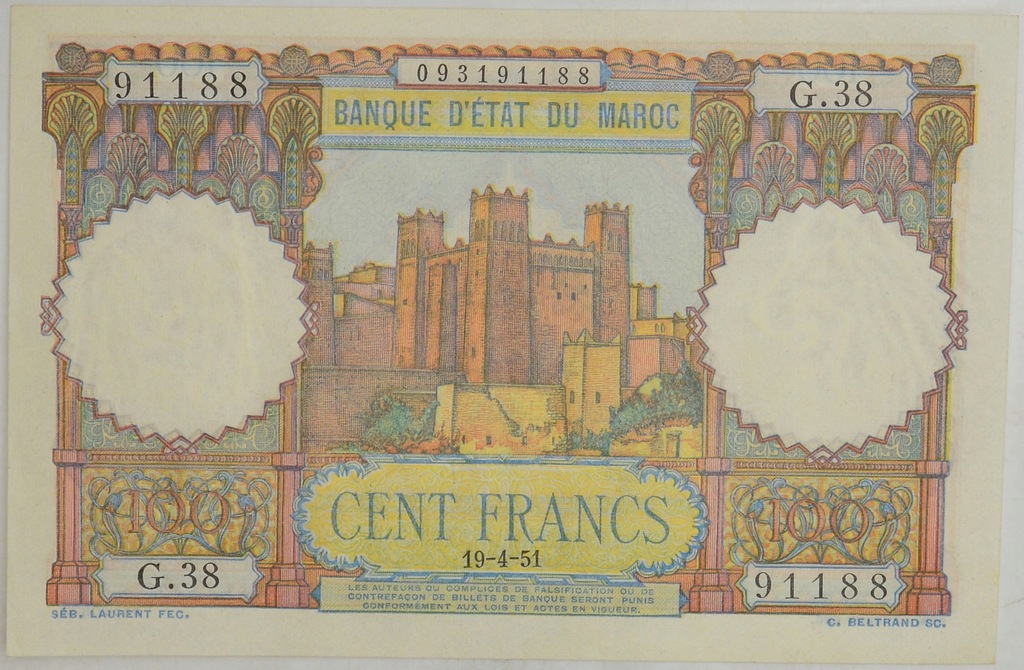 11.fu.Maroko, 100 Franków 19.04.1951 rzadki, St.1-