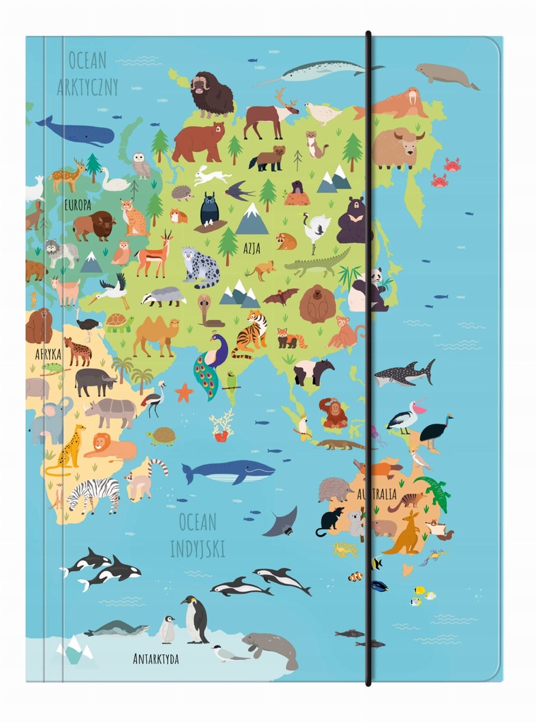 Teczka A4 z gumką Mapa Świata zwierzęta