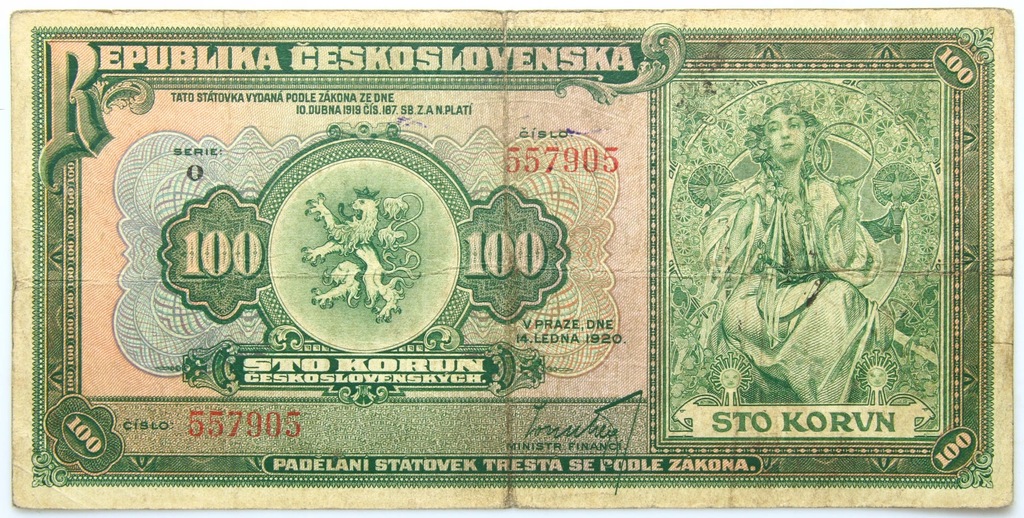 + Czechosłowacja - BANKNOT - 100 Koron 1920 - seria O - RZADKI - STAN !