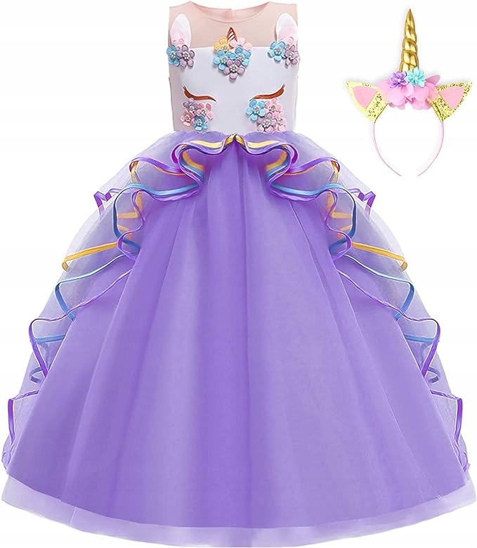 Sukienka tiulowa, fioletowa, strój + opaska jednorożec, r.160