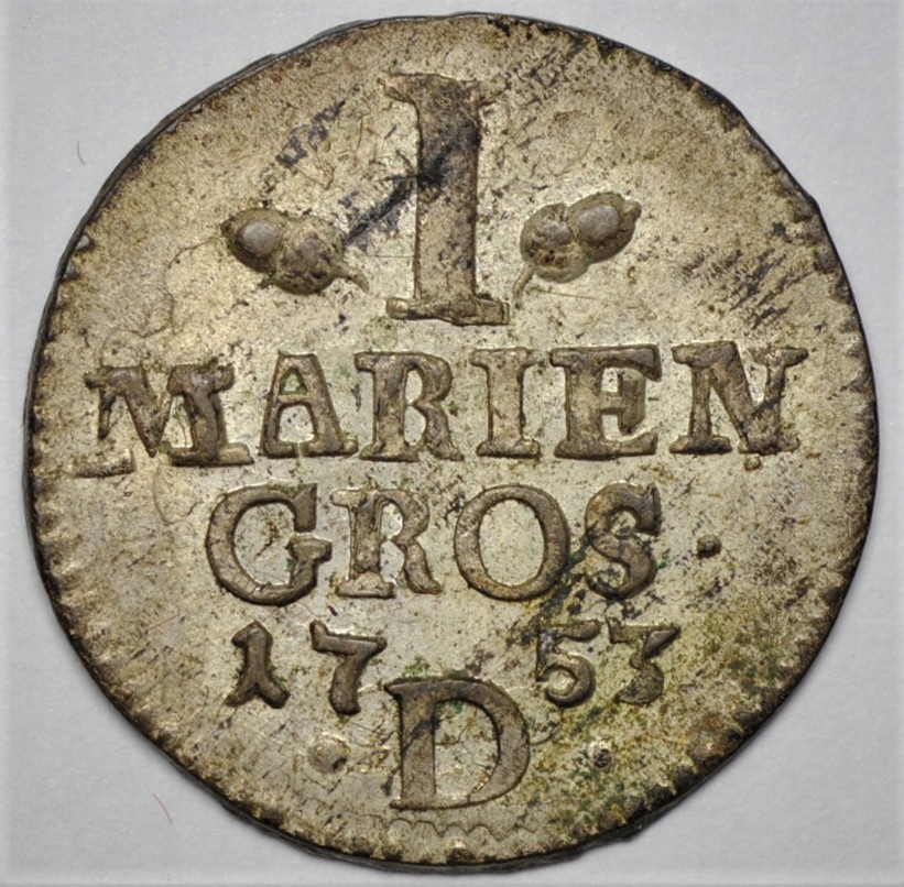 xr, Prusy, 1 Mariengroschen 1753 D, ładne, nr1