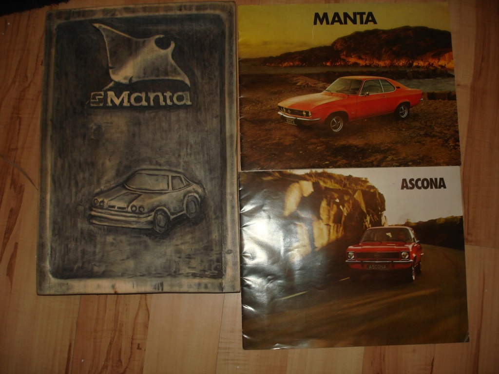 Prospekt Opel Manta Ascona + drewniana plakieta