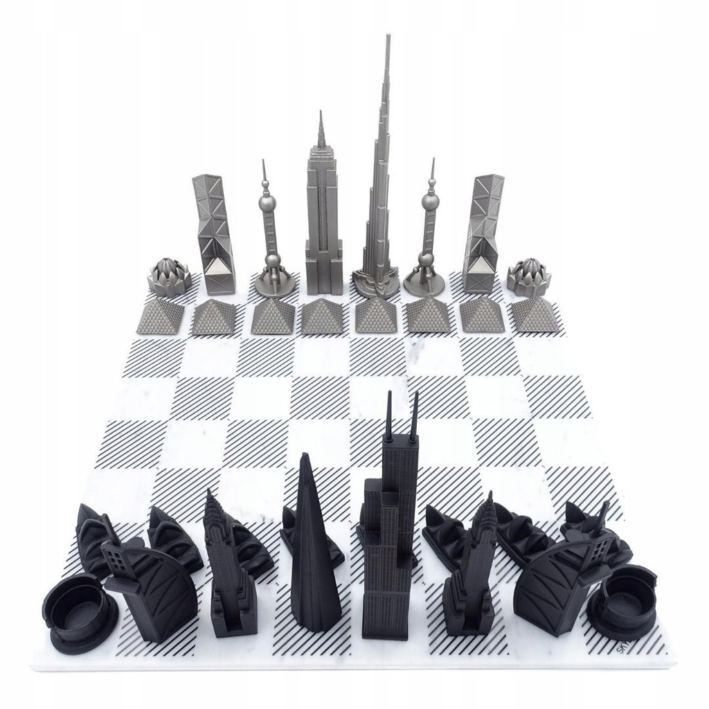 Ekskluzywne szachy ze stali nierdzewnej na marmurowej szachownicy Skyline W