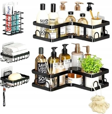 2x PÓŁKA ŁAZIENKOWA NAROŻNA POD PRYSZNIC WISZĄCA + 3x KOSZYKI ZESTAW PÓŁEK