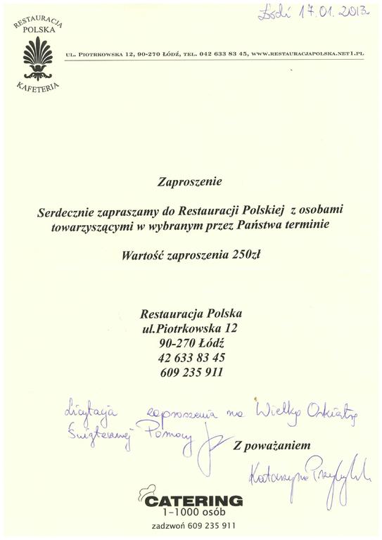 zaproszenie do Restauracji Polska o wartości 250,-