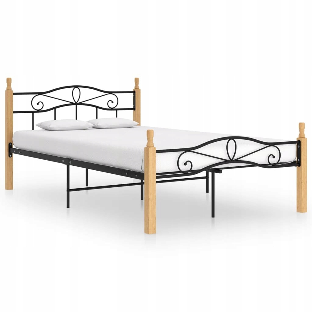 VidaXL Rama łóżka, czarny metal i lite drewno dębo