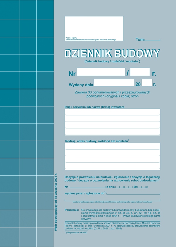 Dziennik budowy A4 603-2 30 kompletów