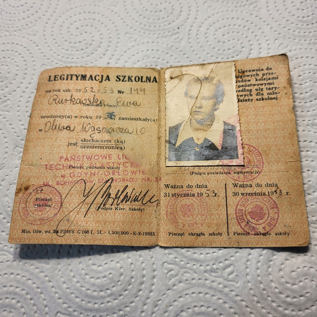 Legitymacja Szkolna LO w GdYNIA,1952/1953.