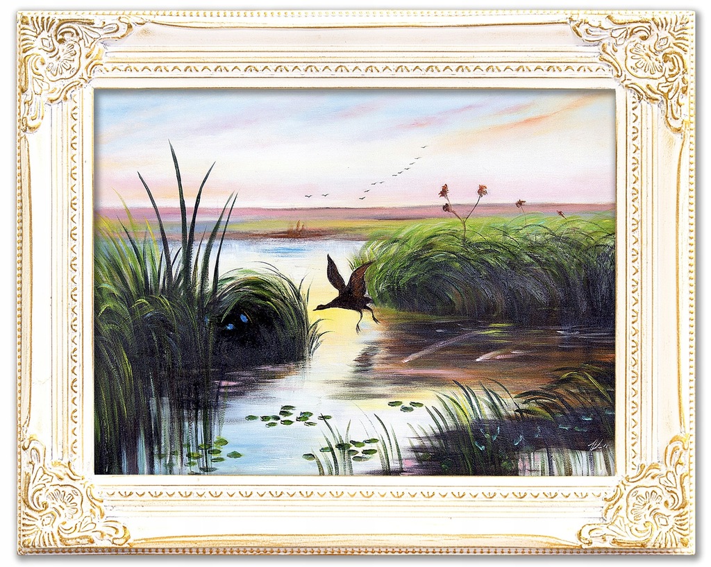 OBRAZ OLEJNY RĘCZNE MALOWANY PEJZAŻ KURKA WODNA 40X50