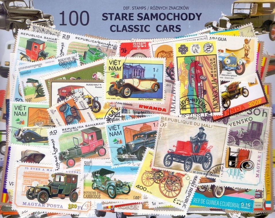 Zestaw 100 znaczków pocztowych - STARE SAMOCHODY
