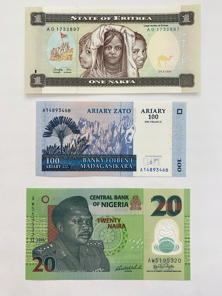 Banknoty UNC - Erytrea Madagaskar Nigeria