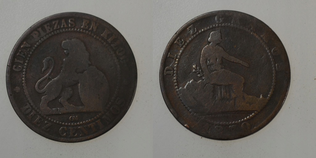 Hiszpania 10 Centimos 1870 rok BCM