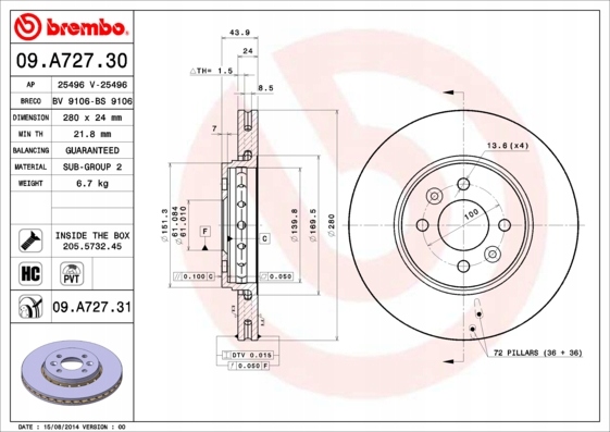 Brembo 09.A727.31 Tarcza hamulcowa