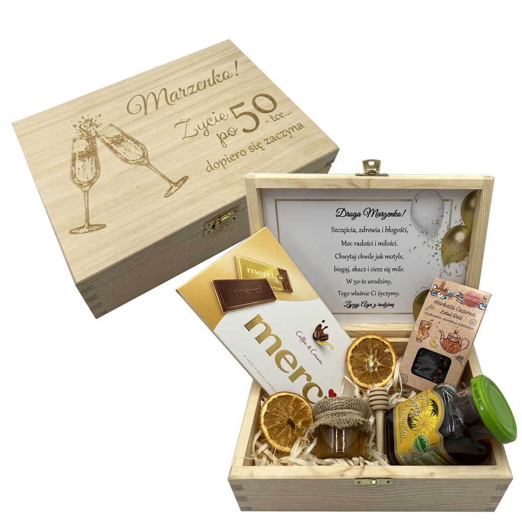 PREZENT NA 40 50 60 URODZINY BOX KOSZ PREZENTOWY PUDEŁKO Z GRAWEREM ZESTAW