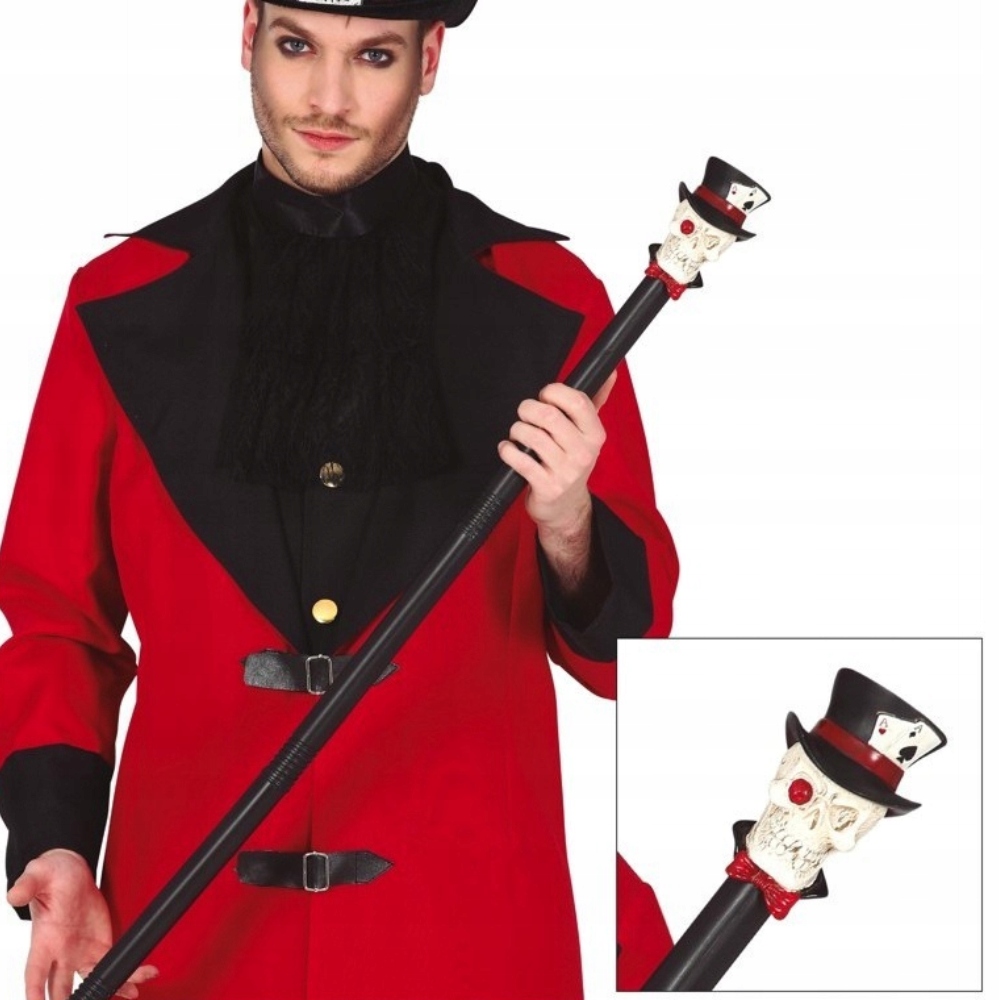 Laska Berło z białą trupią CZASZKĄ w kapeluszu rekwizyt HALLOWEEN 85cm