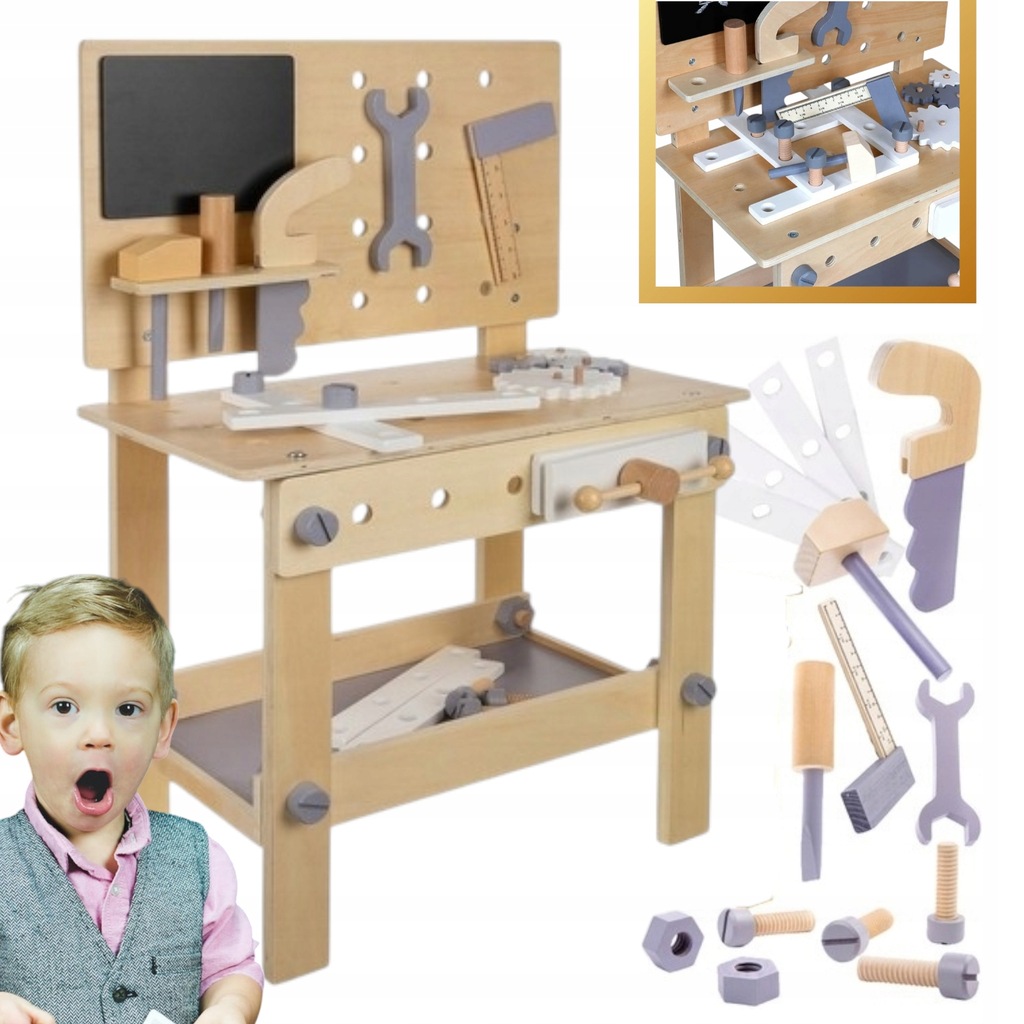 DREWNIANY WARSZTAT Z NARZĘDZIAMI DLA DZIECI MAJSTERKOWICZA NAKRĘTKI ŚRUBY