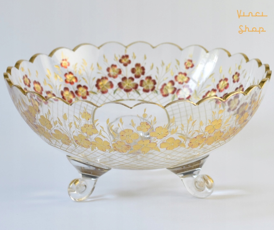 Patera na wolutowych nóżkach kwiaty szkło secesja emalia i złoto