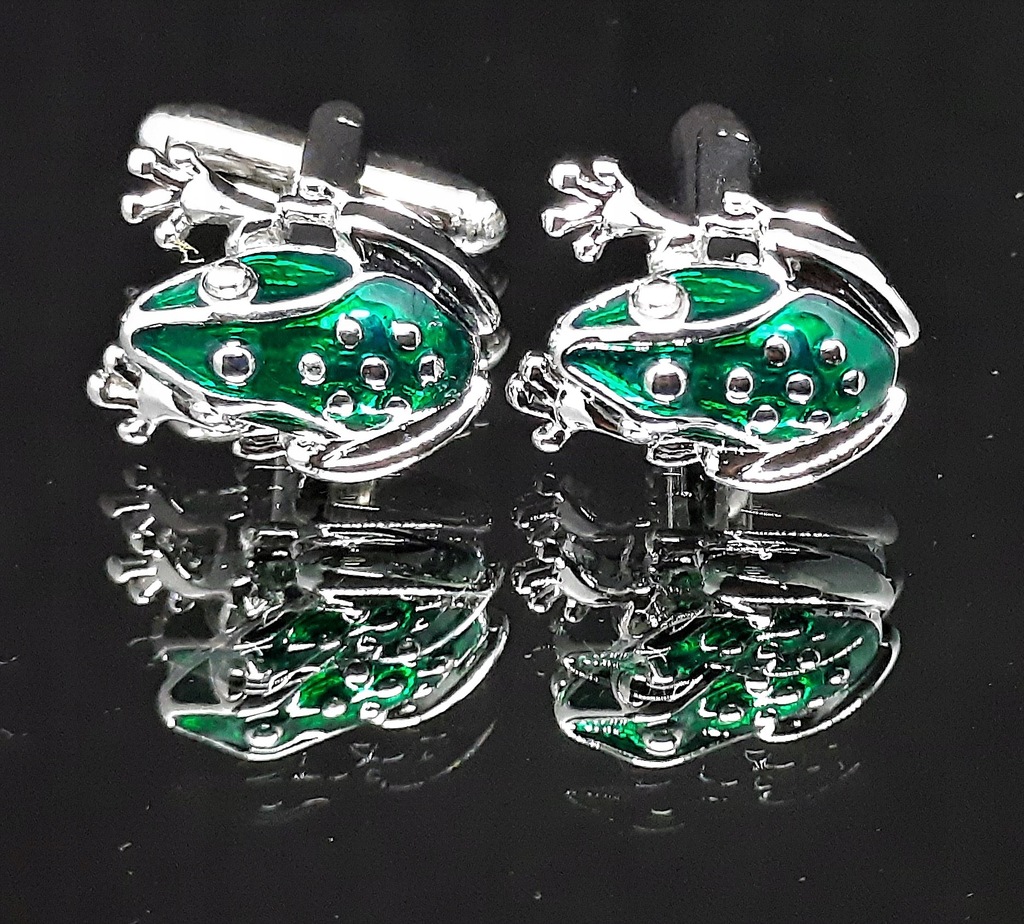 Spinki do mankietów wzór srebrne zielone żabki