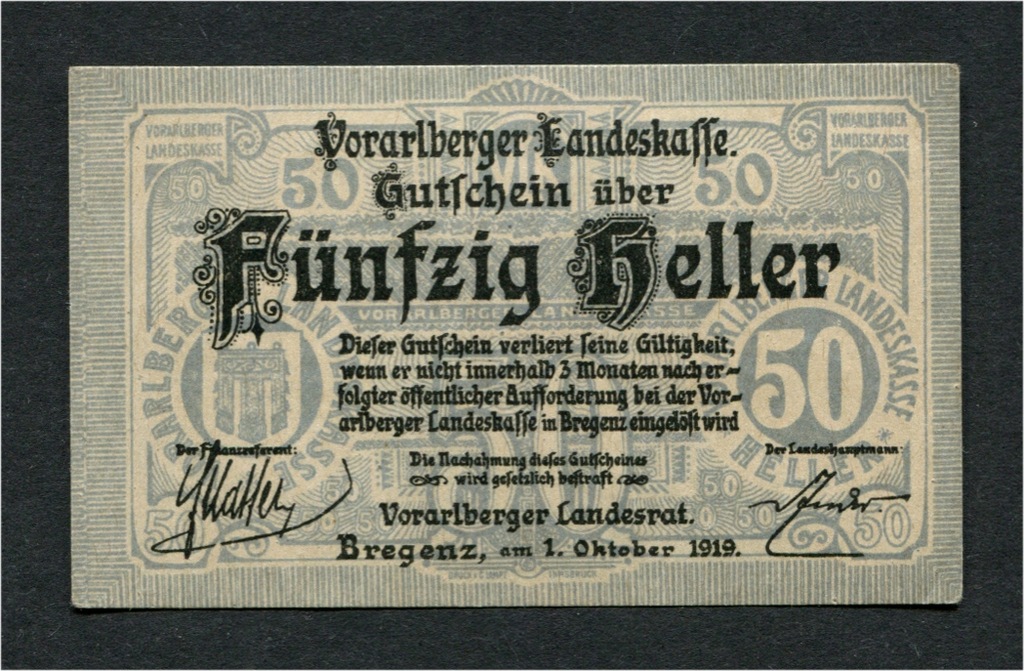 50 Heller Austria 1919 Bregenz Notgeld -UNC