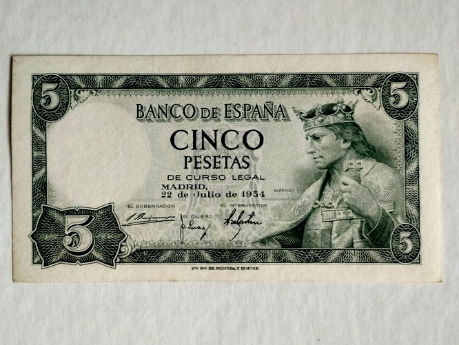 HISZPANIA - 5 peset 1954, P- 146, st. -1/+2, piękny banknot !!!