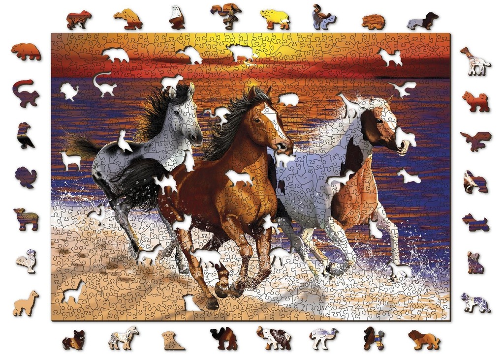 Drewniane Puzzle z figurkami - Dzikie konie na pla