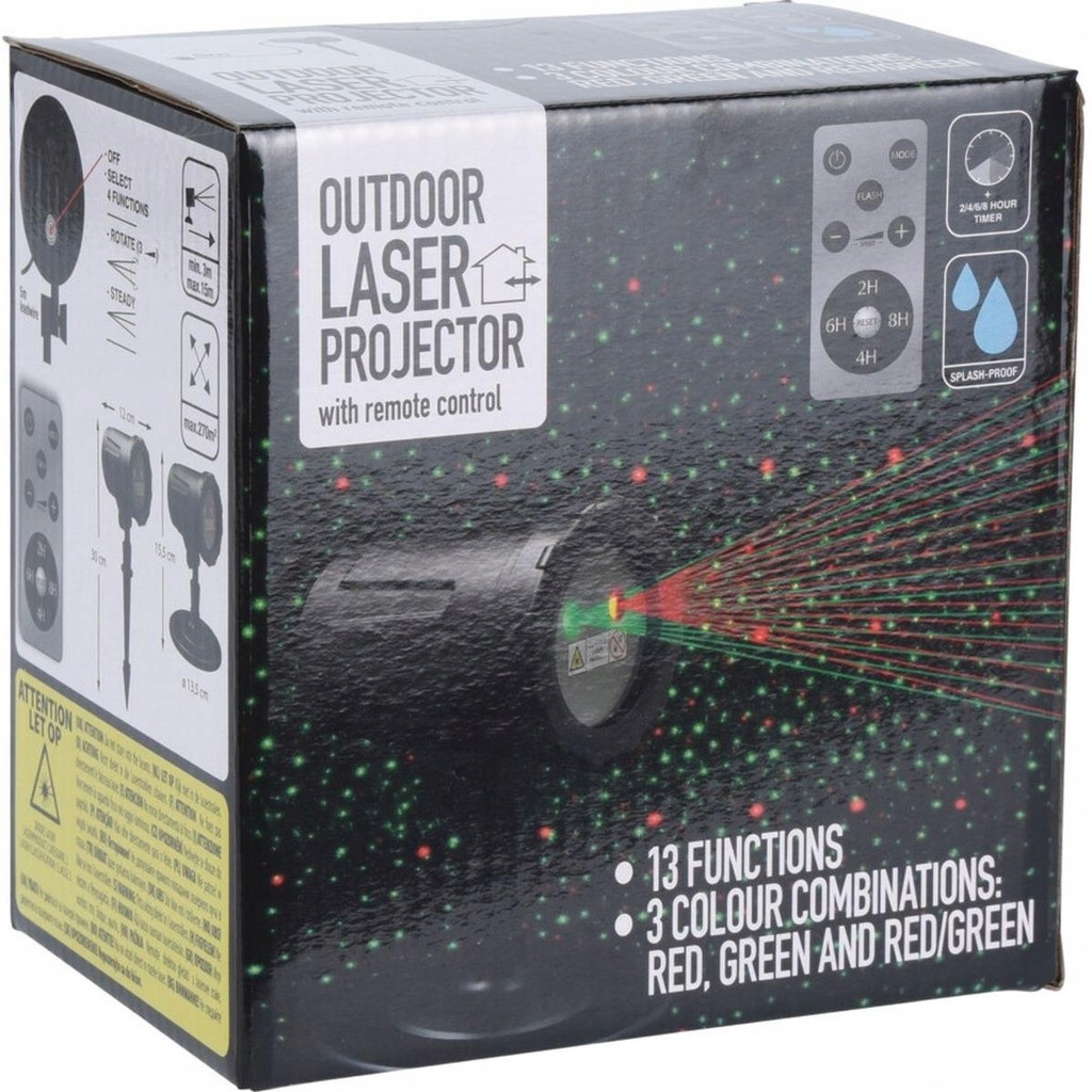 PROJEKTOR ŚWIATECZNY PRZENOŚNY RZUTNIK LASEROWY 13 FUNKCJI Z PILOTEM TIMER