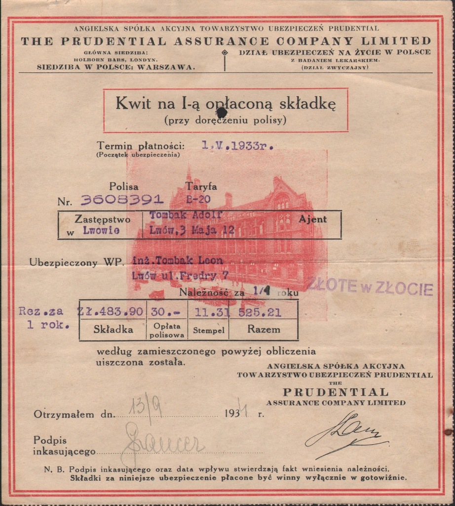 Tow. Ubezpieczeń Prudential - kwit 1933