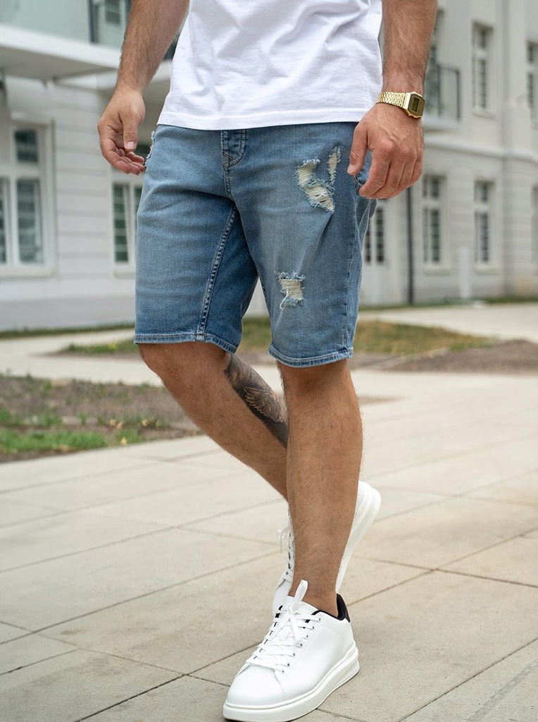 KRÓTKIE SPODENKI JEANSOWE MĘSKIE SZORTY DZIURY Sprane Niebieskie MyStars 34