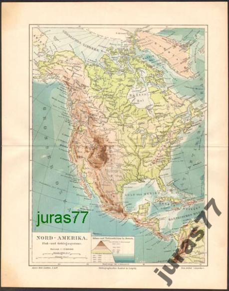 AMERYKA PÓŁNOCNA mapa FIZYCZNA z 1897 roku