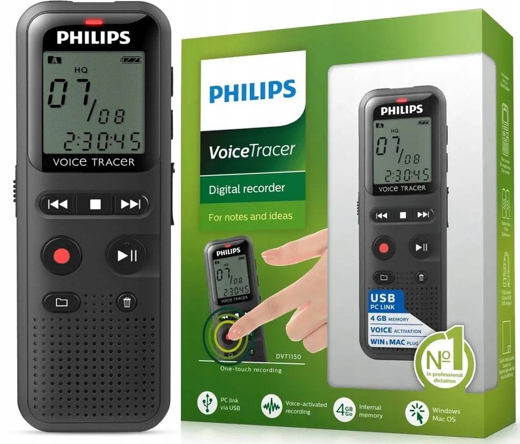 Dyktafon Philips DVT1150 4 GB Opcja aktyw.głosowej