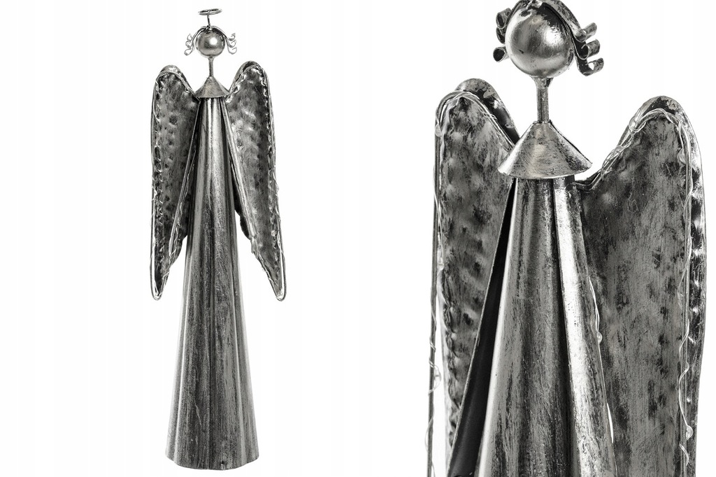 Anioł metalowy z oświetleniem led - srebrny 39 cm